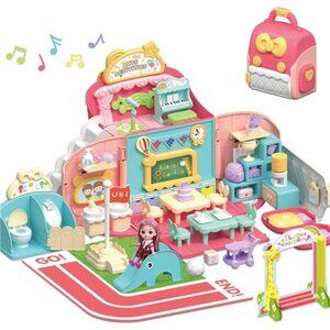Backpack Dollhouse Playset for Girls 3-5, Kids Pretend Play Doll House Set
